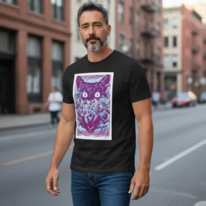 Psychedelic Cat Graphic Tee Trippy Festival Streetwear Shirt