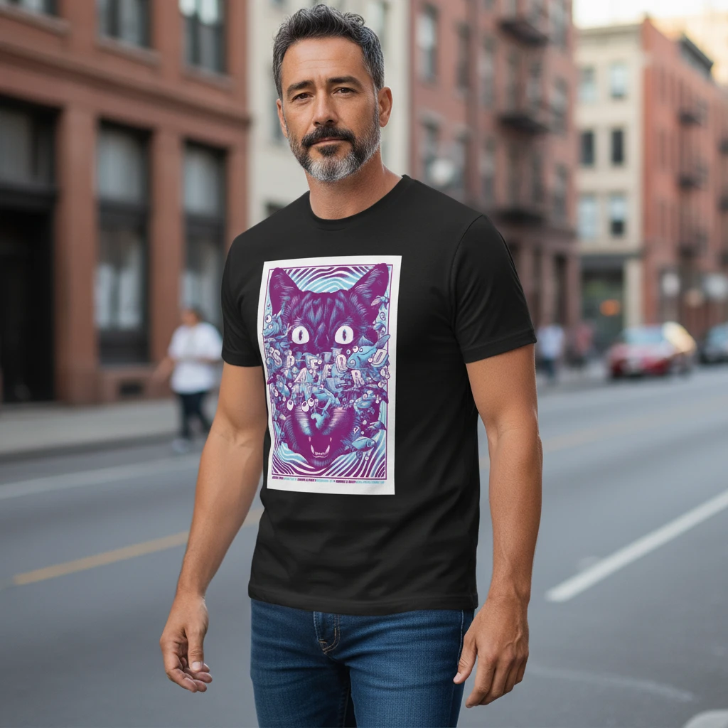 Psychedelic Cat Graphic Tee Trippy Festival Streetwear Shirt