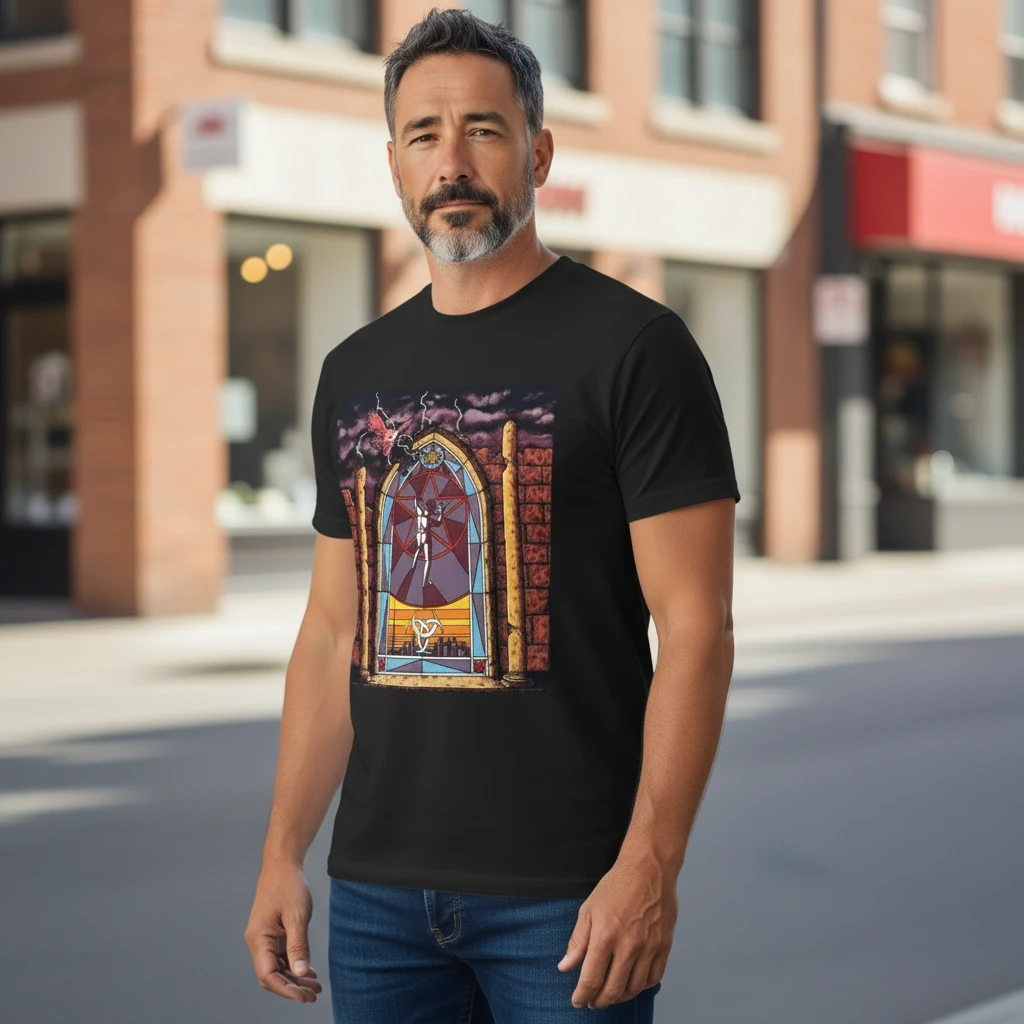woobulk_1786417172766_0_d662f32f.webp Gothic Stained Glass Window Graphic Tee Dark Academia Cathedral Art Shirt