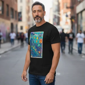 Surreal Tropical Cityscape Tee Neon Dream City Graphic Art Shirt for Men