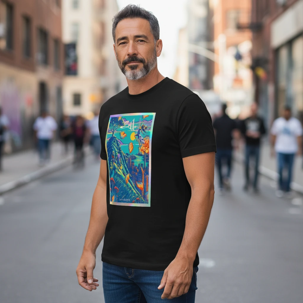 woobulk_1786435746792_0_7d8e4f20.webp Surreal Tropical Cityscape Tee Neon Dream City Graphic Art Shirt for Men
