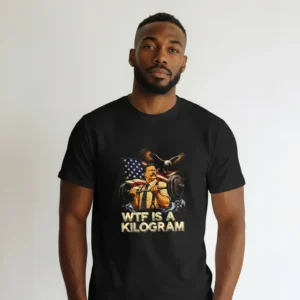 WTF Is a Kilogram Tee Teddy Roosevelt Lifting Patriotic Gym Graphic Shirt for Men available at our Los Angeles warehouse