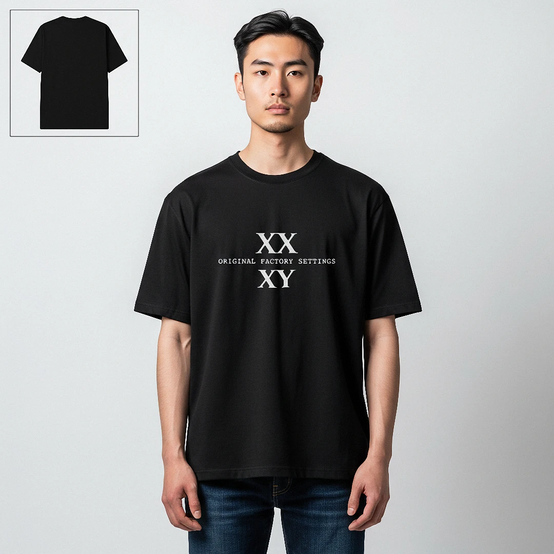 XX Original Factory Settings XY Tee, Minimalist Chromosome Genetics Science T-Shirt for Men available at our Los Angeles warehouse