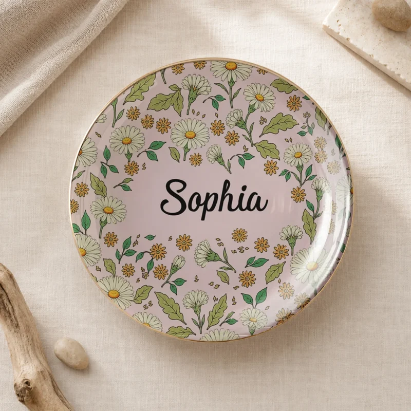 Floral Ceramic Trinket Dish Personalized Ring and Jewelry Catchall Dish, Custom Vanity Decor Gift for Her
