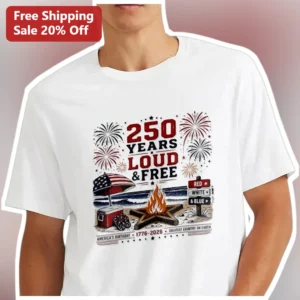Years Loud Free America's Birthday 1776-2026 Red White Blue Tee available at our Los Angeles warehouse