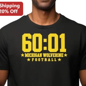 60:01 Michigan Wolverine Football Tee Commemorative Hail Mary Score Graphic Shirt for Fans available at our Los Angeles warehouse