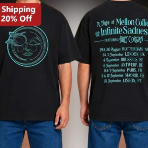 A Night of Mellon Collie and the Infinite Sadness Featuring Billy Corgan Tee available at our Los Angeles warehouse