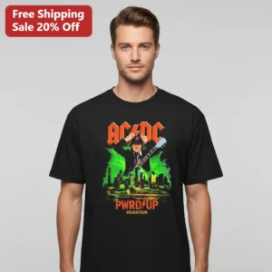 AC/DC PWRD UP Houston Tour Tee, Angus Young Concert Graphic Shirt, Vintage Rock Band Merch Gift for available at our Los Angeles warehouse