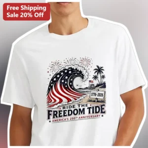 America's 250th Anniversary Ride The Freedom Tide Patriotic Graphic Tee available at our Los Angeles warehouse