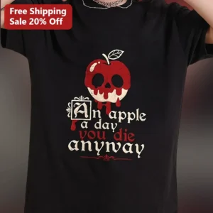An Apple A Day You Die Anyway Dark Humor Gothic Skull Tee available at our Los Angeles warehouse