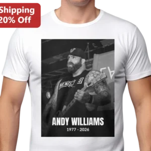 Andy Williams 1977-2026 Memorial Graphic Tee Every Time I Die Guitarist Tribute Shirt available at our Los Angeles warehouse