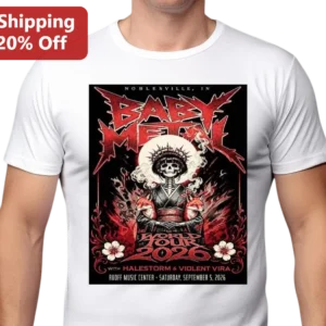 BABYMETAL World Tour 2026 Tee Kawaii Metal Skeleton Samurai Graphic Shirt for Fans available at our Los Angeles warehouse