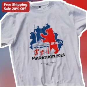 Berlin Marathon 2026 Tee, BMW Berlin-Marathon Event Shirt with Map and Bear Design for Runners available at our Los Angeles warehouse