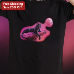 Black Panther Moon Graphic Tee Surreal Vaporwave Feline Art Shirt for Women Men available at our Los Angeles warehouse