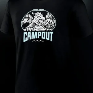 Black Spooky Campout Monster Graphic Tee Retro Outdoor Camping Shirt available at our Los Angeles warehouse
