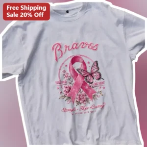 Braves Breast Cancer Awareness Pink Ribbon Butterfly Tee available at our Los Angeles warehouse