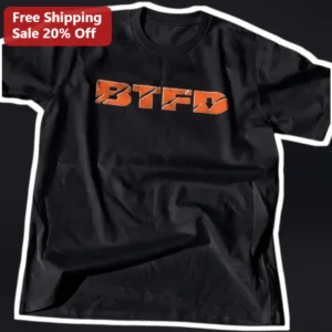 BTFD Tee Buy The Dip Stock Market Investor Graphic T-Shirt Retro Distressed Orange Print available at our Los Angeles warehouse