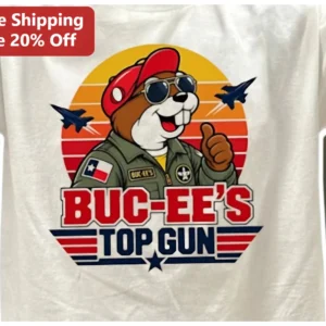 Buc-ee's Top Gun Tee Retro Beaver Pilot Graphic Shirt Texas Aviation Gift available at our Los Angeles warehouse