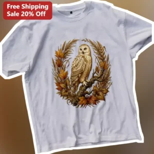 Burrowing Owl Autumn Wreath Graphic Tee Vintage Botanical Fall Bird Shirt for Nature Lovers available at our Los Angeles warehouse