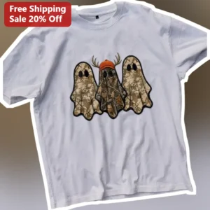 Camouflage Ghosts Hunting Shirt Tee Funny Halloween Deer Antlers Graphic for Men Women available at our Los Angeles warehouse