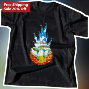 Castle on Strawberry Cake Graphic Tee Whimsical Fantasy Dessert Shirt for Women Men available at our Los Angeles warehouse