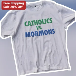 Catholics vs Mormons Tee Retro College Football Rivalry Graphic T-Shirt for Men Women available at our Los Angeles warehouse
