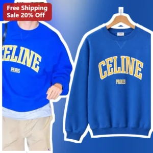 CELINE PARIS Sweatshirt Blue Crewneck Collegiate Lettering Luxury Streetwear Pullover available at our Los Angeles warehouse
