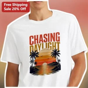 Chasing Daylight Retro Sunset Palm Tree Graphic Tee for Men Women Unisex available at our Los Angeles warehouse