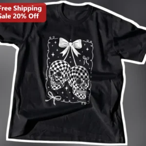Checkerboard Skulls with Bow Graphic Tee Gothic Cute Y2K Halloween Shirt available at our Los Angeles warehouse