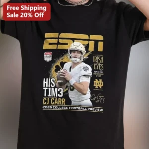 CJ Carr Notre Dame Irish Eyes Keep The Faith 2026 College Football Preview Tee available at our Los Angeles warehouse