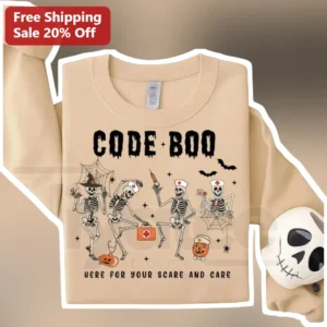Code Boo Here For Your Scare And Care Halloween Nurse Doctor Skeleton Crew Sweatshirt available at our Los Angeles warehouse