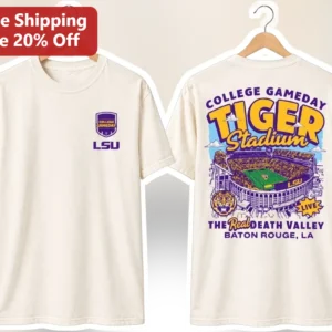 College GameDay Tiger Stadium The Real Death Valley Baton Rouge LA Vintage LSU Tee available at our Los Angeles warehouse
