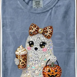Cute Ghost with Coffee and Pumpkin Sparkly Rhinestone Graphic Tee for Women Halloween Fall Gift available at our Los Angeles warehouse