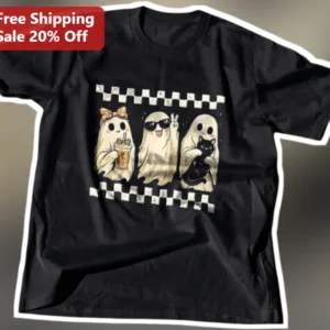 Cute Ghosts with Coffee Cat Sunglasses Halloween Graphic Tee available at our Los Angeles warehouse