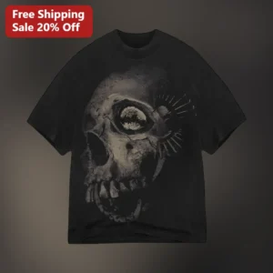 Cyberpunk Skull Graphic Tee Futuristic Mechanical Eye Design Unisex Cotton Shirt available at our Los Angeles warehouse