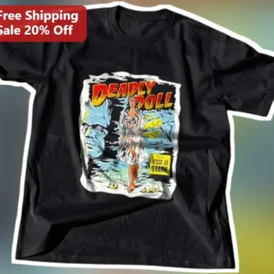 Deadly Doll Vintage Horror Movie Poster Graphic Tee for Men Women available at our Los Angeles warehouse