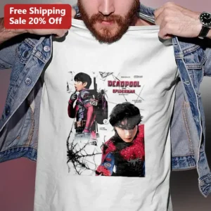 Deadpool Spiderman Graphic Tee Marvel Superhero Mashup Shirt for Men Women available at our Los Angeles warehouse