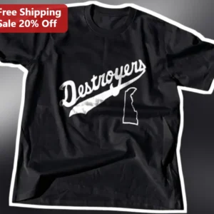 Destroyers Tee Vintage Baseball Delaware State Outline Distressed Graphic Shirt for Men available at our Los Angeles warehouse