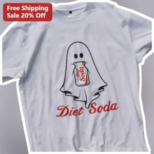 Diet Soda Ghost Graphic Tee Funny Halloween Cartoon Shirt for Women available at our Los Angeles warehouse