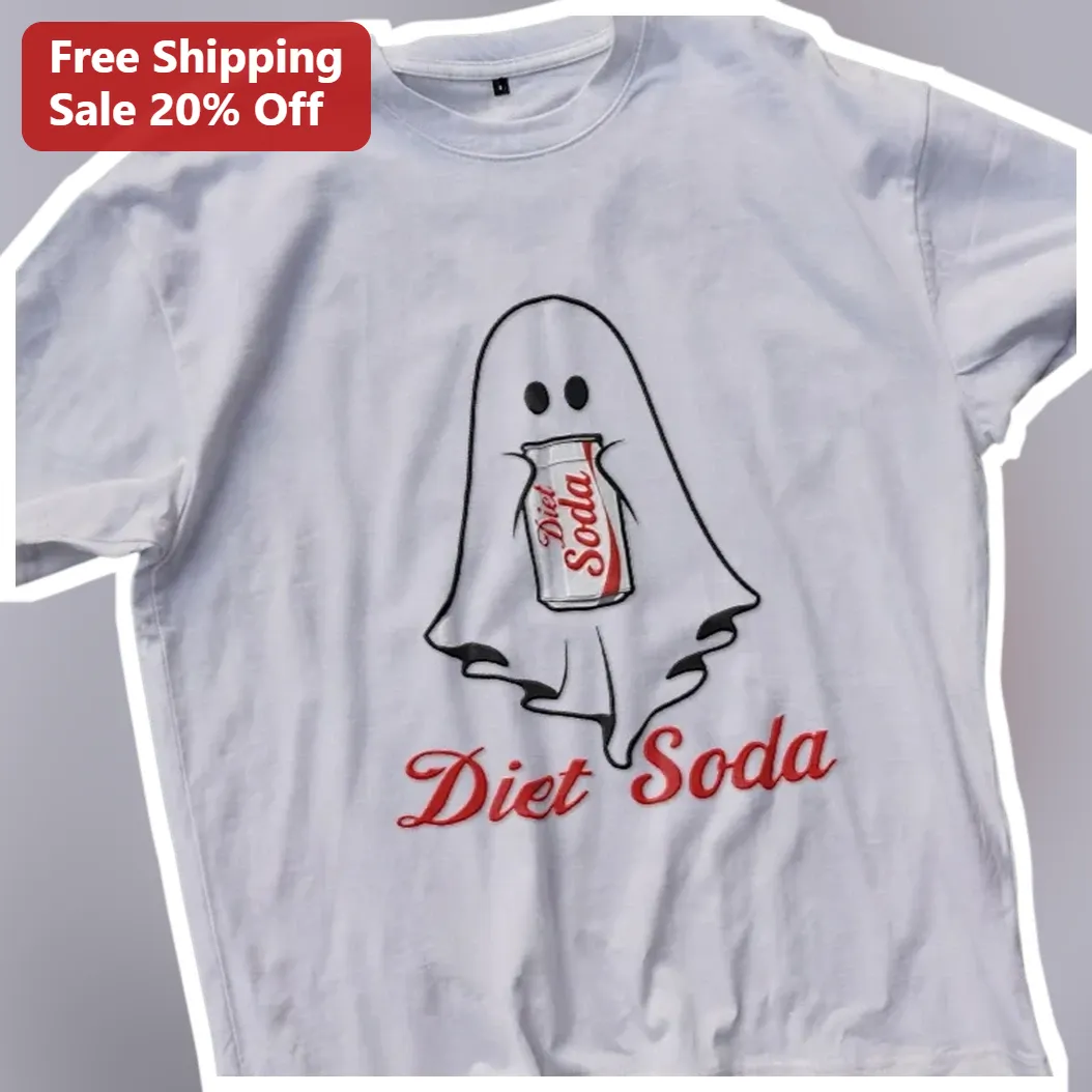 Diet Soda Ghost Graphic Tee Funny Halloween Cartoon Shirt for Women available at our Los Angeles warehouse