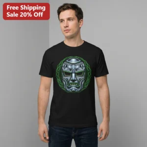 Doctor Doom Tee Metallic Mask Celtic Knotwork Graphic Shirt Marvel Villain Comic Streetwear Gift for available at our Los Angeles warehouse