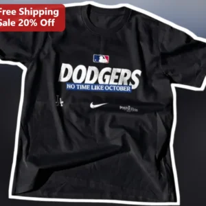 Dodgers No Time Like October Tee Los Angeles Baseball Fan Gear Black Cotton Shirt available at our Los Angeles warehouse