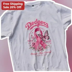 Dodgers Together We Fight Strength Hope Courage Never Give Up Pink Ribbon Awareness Tee available at our Los Angeles warehouse