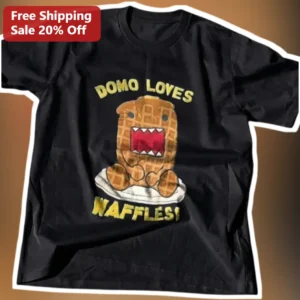 Domo Loves Waffles Tee Y2K Scene Emo Nerd Face Graphic T-Shirt Gift for Men Women available at our Los Angeles warehouse