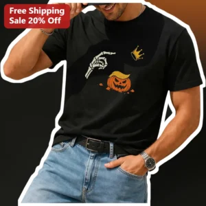 Donald Trump Halloween Pumpkin Skeleton Hand Graphic Tee available at our Los Angeles warehouse