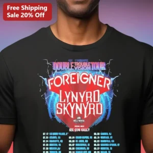 Double Trouble Double Vision Tour Lynyrd Skynyrd Foreigner Classic Rock Band Tee available at our Los Angeles warehouse