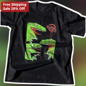 Drop Dead Vintage Grunge Velociraptor Graphic Tee Retro Horror Dinosaur Shirt available at our Los Angeles warehouse