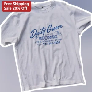 Dusty Groove Records Tee Vintage Chicago Vinyl Record Store Graphic Shirt for Music Lovers available at our Los Angeles warehouse