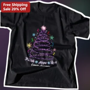 Faith Hope Love Cancer Awareness Tee Christmas Glitter Tree Ribbon Design Gift for Survivors available at our Los Angeles warehouse