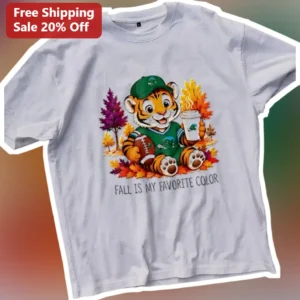 Fall Is My Favorite Color Cute Tiger Football Tee Autumn Leaves Graphic Shirt Gift available at our Los Angeles warehouse